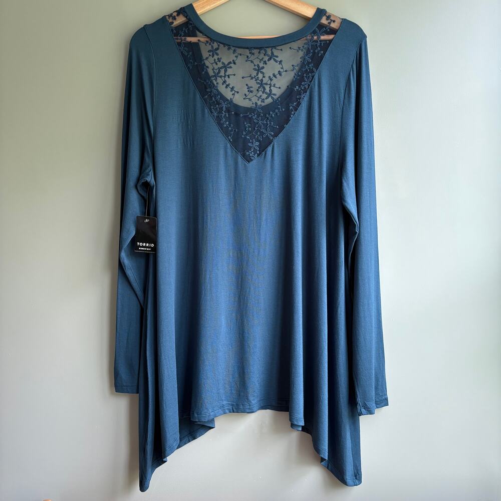 TORRID Super Soft Knit Tunic‎ Teal Floral Embroidered Mesh Lace NWT Plus Size 1X - Picture 7 of 12
